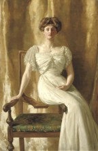 A woman in an ivory-coloured dress sits on an ornate chair against a golden background. portrait of