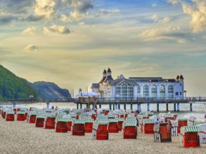 The Sellin pier, 394 metres long, with restaurant, jetty, beach chairs, island of Rügen,