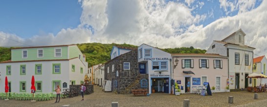 Panoramic view of the whaling and fishing village of Lajes do Pico an empty street with colourful