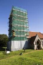 Scaffolding repair of ancient tower, St Margaret's church, Shottisham, Suffolk, England, UK