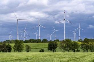 Wind farm east of Geilenkirchen, dark storm clouds, strong wind, North Rhine-Westphalia, Germany,