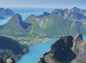 View over fjord Örnfjord, village Fjordgard, peak of Segla (left) and Hesten, seen from mountain