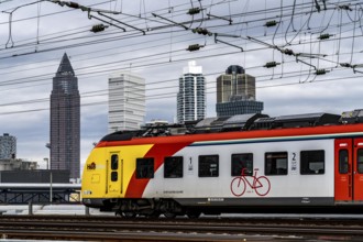 Regional train on the track in front of Frankfurt am Main main station, Skyline, Hesse, Germany,