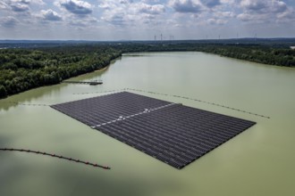 Germany's largest floating solar power plant on the Silbersee III, a quarry pond no longer used for