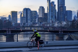 Skyline of the city centre of Frankfurt am Main, cyclist on the raft bridge, dusk, river Main,