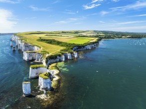 White Cliffs of Old Harry Rocks Jurassic Coast from a drone, Dorset Coast, Poole, England, United