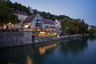 View in summer from the Neckar bridge to the Neckarmüller beer garden, El Chico restaurant,