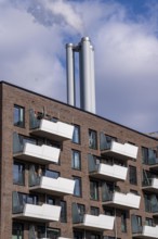 Chimneys of the Hafencity heating plant, district heating, residential building, Hafencity Hamburg,