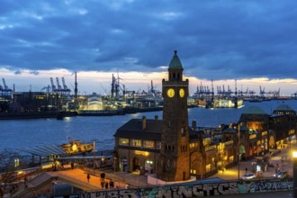 Port of Hamburg, view over the St. Pauli Landungsbrücken, Pegelturm, to the Blohm + Voss shipyard,