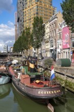 Rotterdam city centre, Oudehaven, historic harbour, historic ships, modern city backdrop,