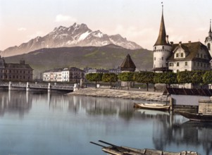 Neue Bruecke and Pilatus, Lucerne, Switzerland, Historic, digitally restored reproduction from a