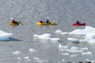 A group of tourists paddles in kayaks between icebergs, glacial lake Fjallsárlón, glacier