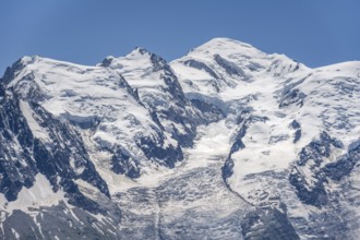 Glaciated mountain peak of Mont Blanc, Mont Blanc massif, Chamonix-Mont-Blanc, Haute-Savoie,