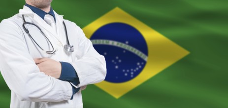 Brazilian Health and Care concept. Professional doctor on Brazilian flag. Doctor with crossed arms