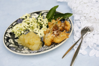 Swabian cuisine, elderberry cakes with apple sauce, Hollerkiacherl, elderflowers in pastry,