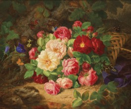 A forest floor with a still life of roses and butterflies, painting by Josef Lauer (1818, 1881),