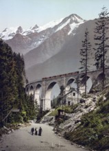 Chemin de Fer Fayet-Chamonix. The viaduct overlooking Montblanc, Switzerland, digitally restored