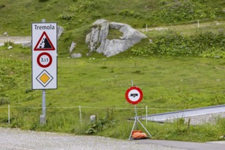 Gotthard Pass. Pass summit with traffic sign. Ban on trailers in the Tremola. Airolo, Canton