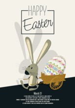 Happy Easter card with cute rabbit character carrying a painted egg in a small wooden cart,