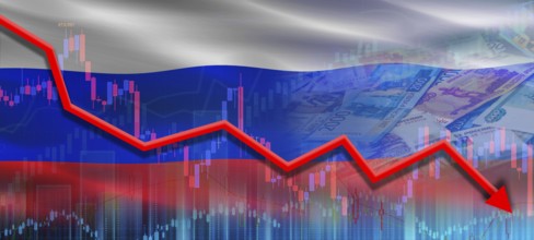 Financial fall of Russia economy on market graph. Russian financial crisis on economic graph,