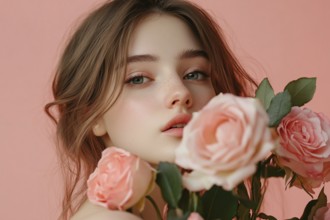 Young beautiful woman with brunette hair and pink romantic rose flowers in front of pastel studio