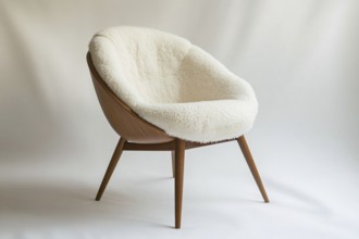 Comfortable chair with white pillow in front of white wall. Generative AI, AI generated