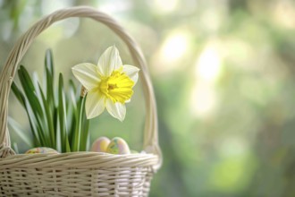 White and yellow Daffodil spring flower in basket with easter eggs in front of green nature