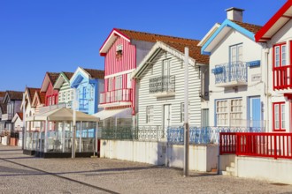 Traditional wooden striped houses, Costa Nova do Prado, Aveiro, Portugal, Europe