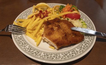 Breaded Wiener Schnitzel with French fries, Bavaria, Germany, Europe