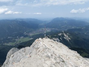 Alpine panorama, aerial view, view from the Alpspitze with summit cross, high mountains, Bavaria,