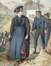 Traditional costumes in Germany around 1820, Vorarlberg, Klostertal, woman with hammer and two men