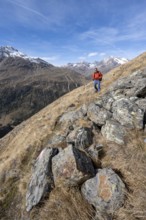 Mountaineers on a hiking trail in Niedertal, snow-covered mountain peaks of the Ötztal Alps with