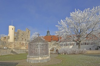 Inner courtyard and Kindlesbrunnen fountain decorated with metal grating, medieval, iron grating,