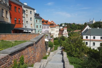 View of an old town with colourful houses and stone-paved path, Lublin, Poland, Europe