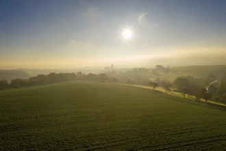 Aerial photo in morning fog with view of Albrechtsburg Castle Meissen, Saxony, Germany, Europe