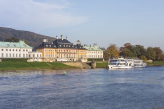 Excursion steamer Gräfin Cosel in front of the water palace of Pillnitz Castle, seen across the