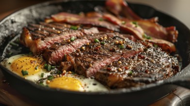 Cast iron pan with thick steak and eggs cooking. generative AI, AI generated