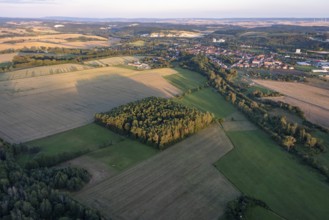 View from a hot-air balloon of open-cast mining, gypsum mining, wind turbines, Ellrich, Thuringia,