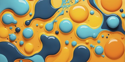 Abstract wallpaper with colorful turquoise and yellow blobs and liquid shapes on a orange