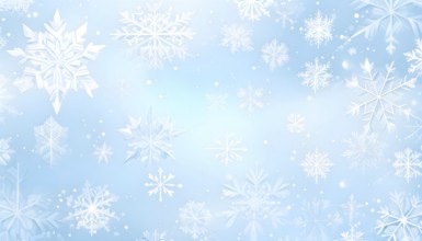 Abstract pattern of snowflakes in varying sizes and shapes in soft white and blue gradients, AI