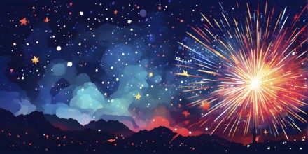 Wallpaper illustration of an explosion of vibrant fireworks colors in a night sky, symbol for happy