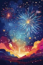 Wallpaper illustration of an explosion of vibrant fireworks colors in a night sky, symbol for happy