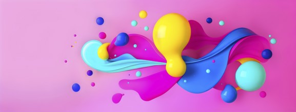 Abstract image with colorful yellow and turquoise blobs and liquid shapes on a pink background, AI