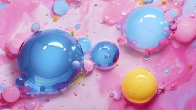 Abstract image with colorful yellow and turquoise blobs and liquid shapes on a pink background, AI