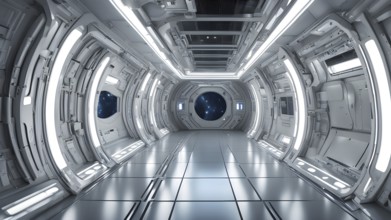 Three dimensional render of futuristic corridor inside a spaceship or space station, AI generated