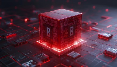 Three dimensional render of a red glowing blockchain cube, AI generated