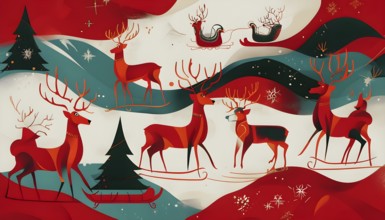 Whimsical abstract scene with stylized reindeer and sleighs to capture the magic of Christmas, AI