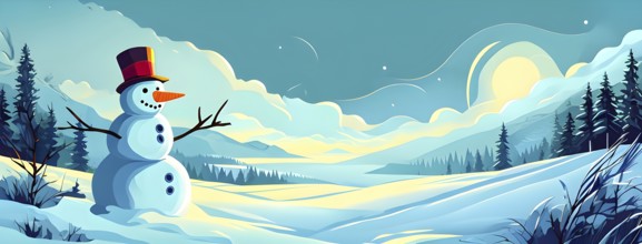 Abstract illustration of a snowman in an idyllic snowy winter landscape, hills and mountains and