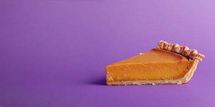 Banner with single slice of pumpkin pie on purple background with copy space. Generative Ai, AI