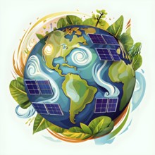 Illustration of a globe composed of triangular solar panels and swirling wind patterns, symbolizing